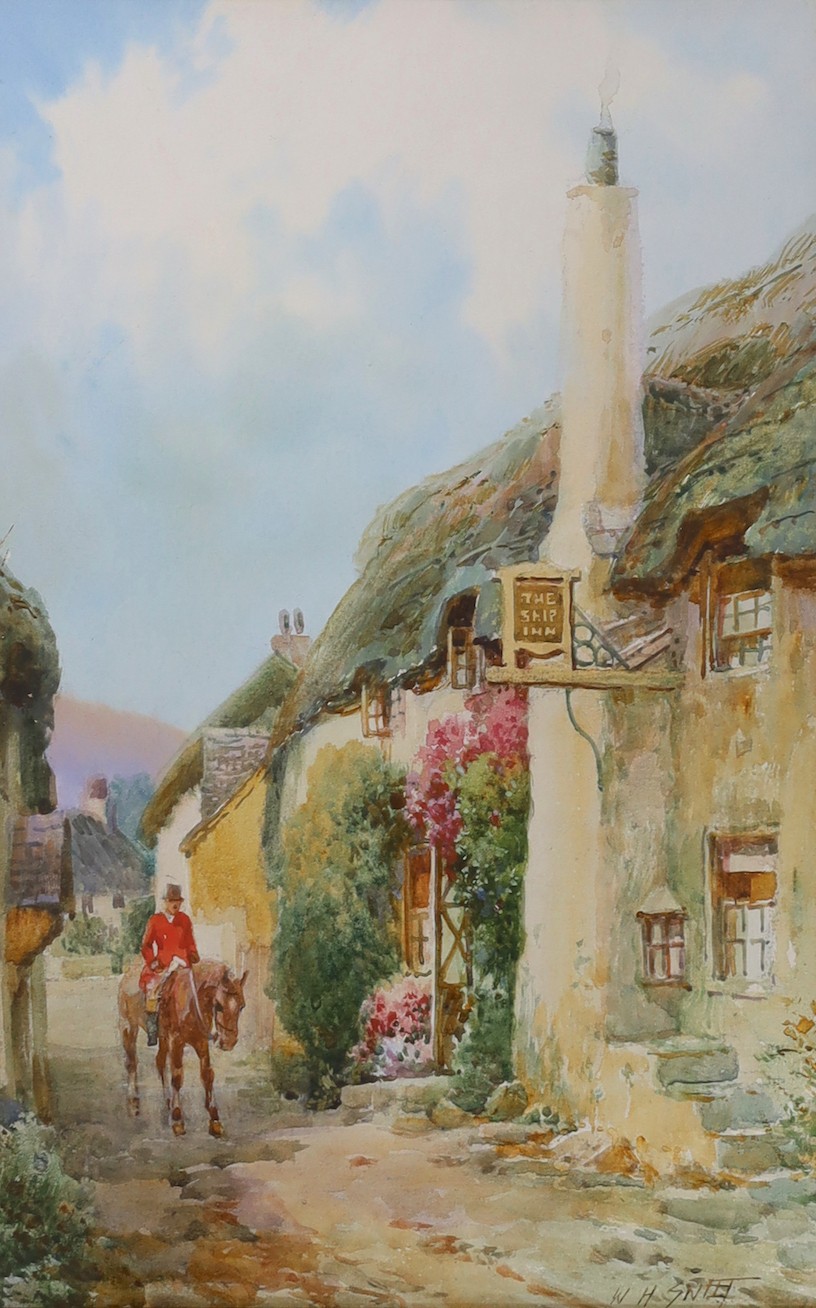 Walter Henry Sweet (1889-1943), watercolour, 'Horseman passing The Ship Inn, Porlock, Somerset', signed, 27 x 17cm